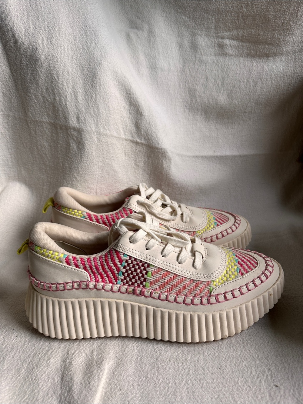Dolce vita Platform Woven Lace-Up Sneakers in Cream with Pink & Yellow Accents 9